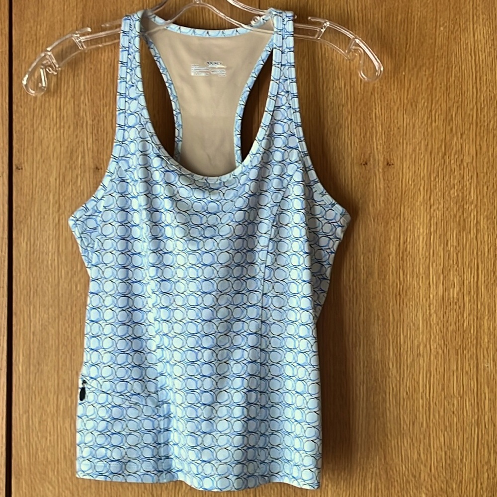 Jockey M white blue geometric circle racerback workout tank pocket fitted EUC